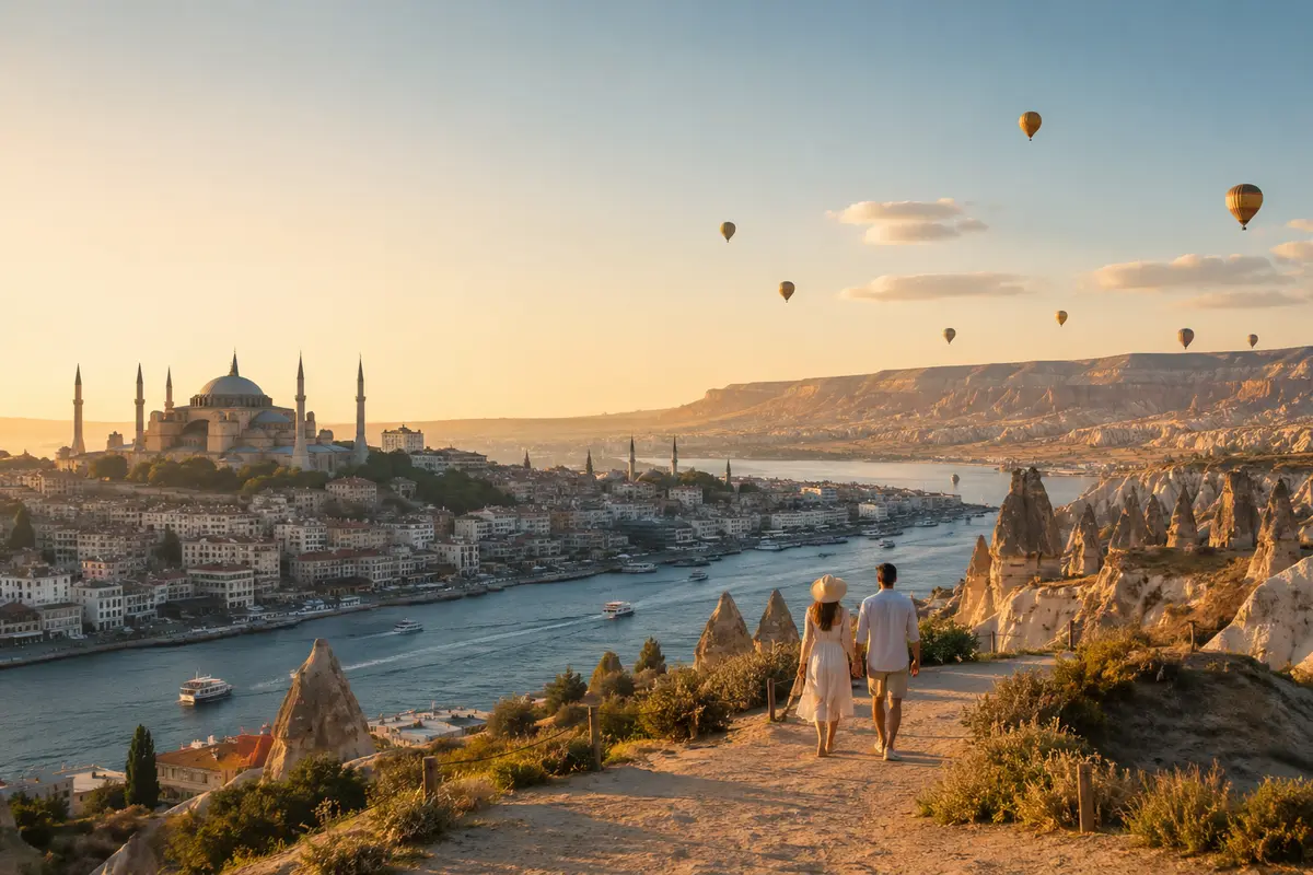 Turkey holiday view combining Istanbul and Cappadocia at sunrise